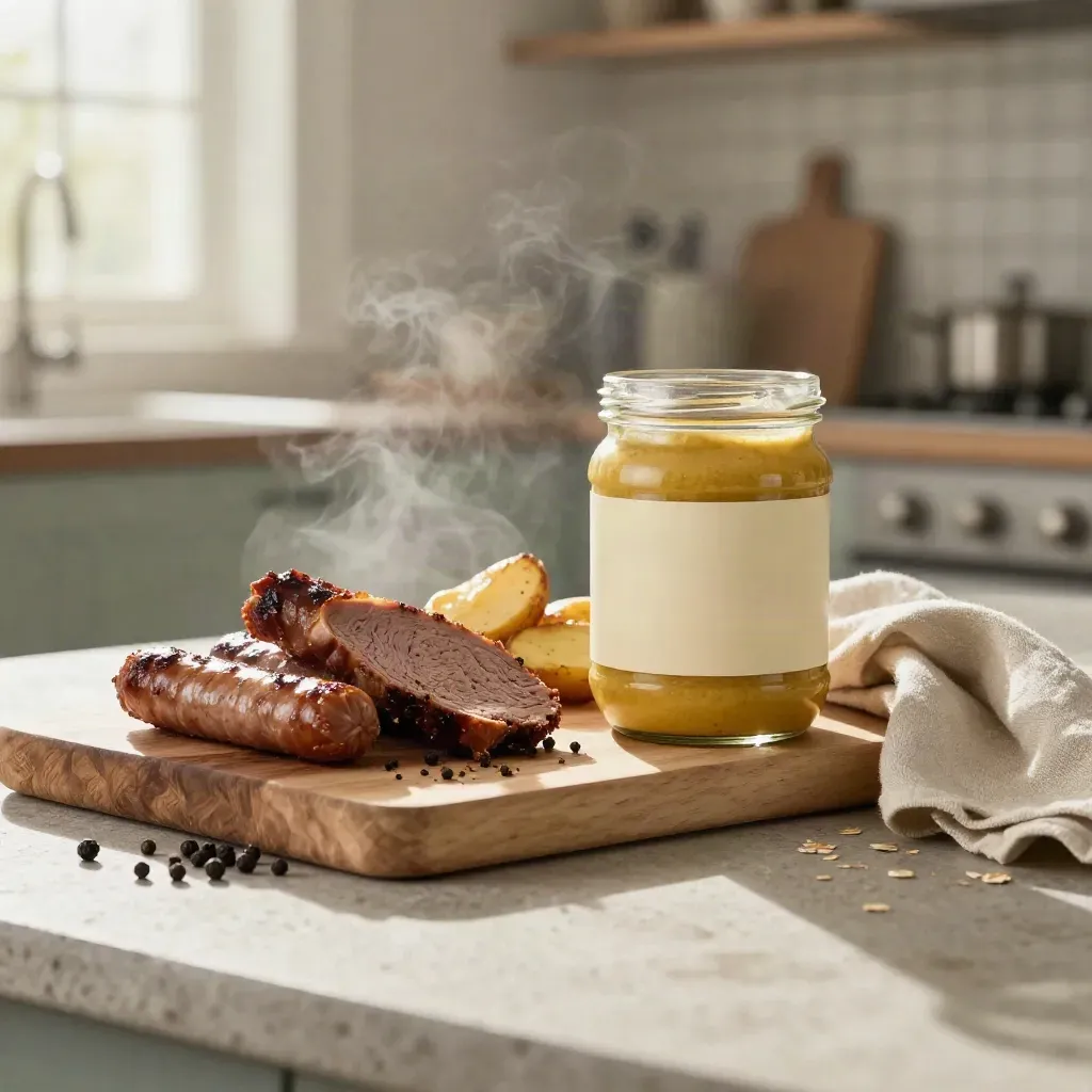 Wholegrain ale mustard jar with roast beef, sausages and potatoes in soft rain-lit studio
