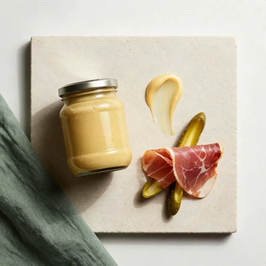 Overhead smooth Dijon mustard jar with cornichons, ham ribbons and spoon smear on pale stone.