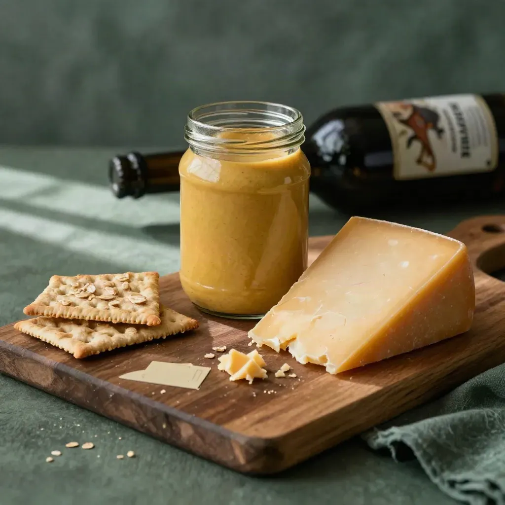 Unlabelled mustard jar beside cheddar, crackers and a blurred dark bottle in cool cellar light.