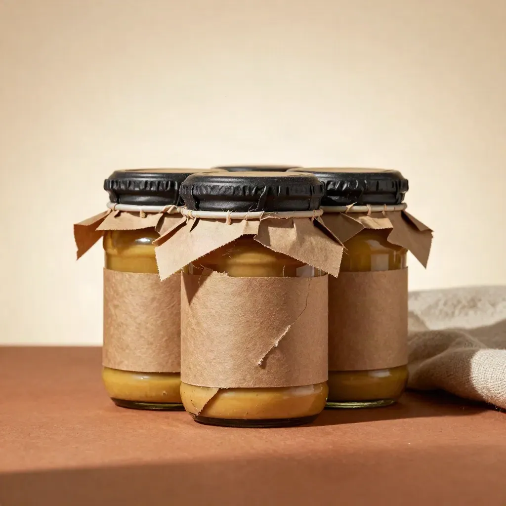 Macro of an unlabelled mustard gift trio in kraft sleeve with ribbon and cloth