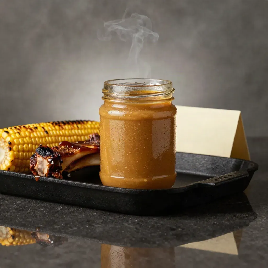 Smoked BBQ mustard jar with corn, ribs, and a cast-iron tray in dramatic smoke