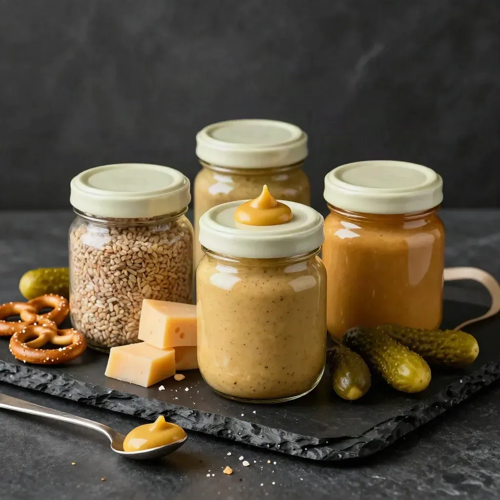 Four mustard jars with cheese, pretzels and pickles in a dramatic studio spill.