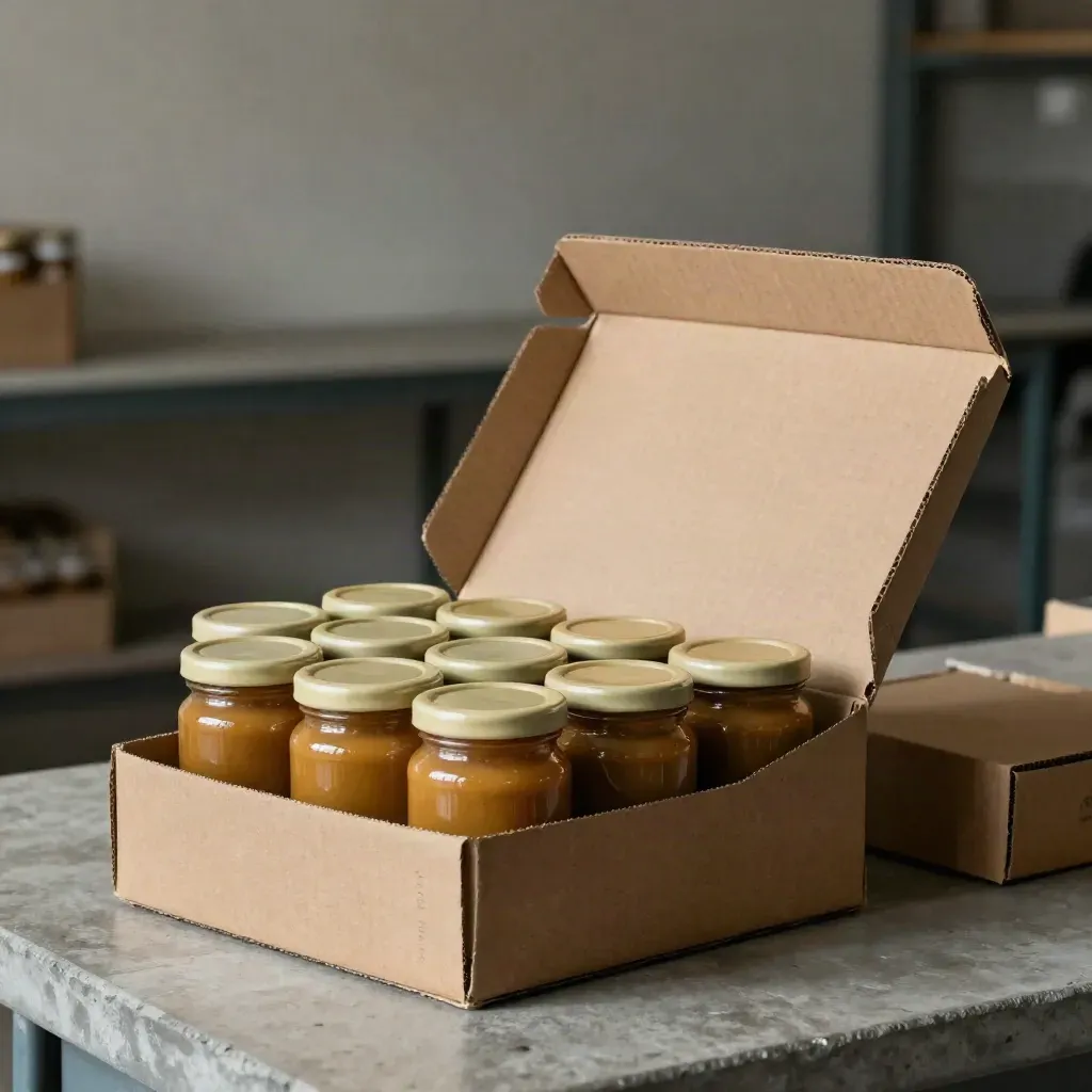 Open carton of unlabelled mustard jars on a packing bench in soft studio light