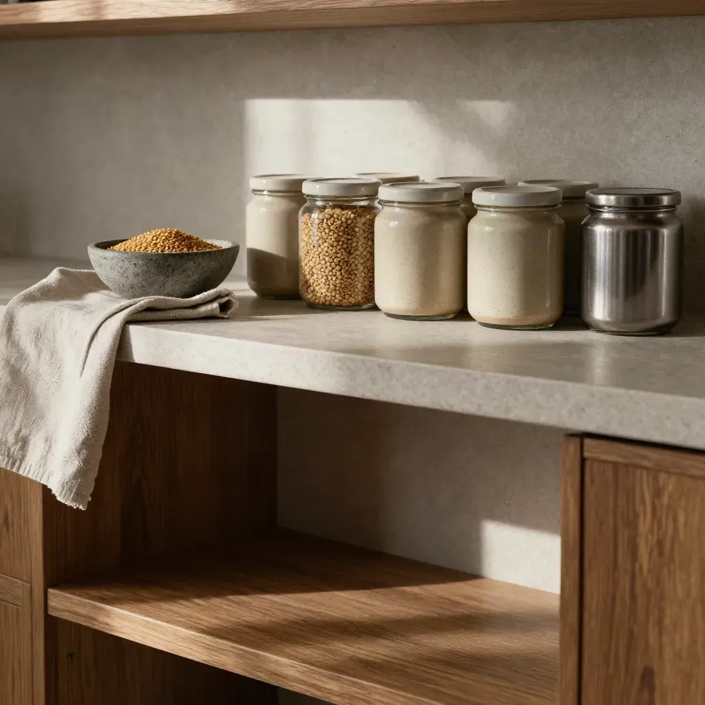 Wholegrain mustard jars on an oak pantry shelf above calm stone counter in soft morning light.