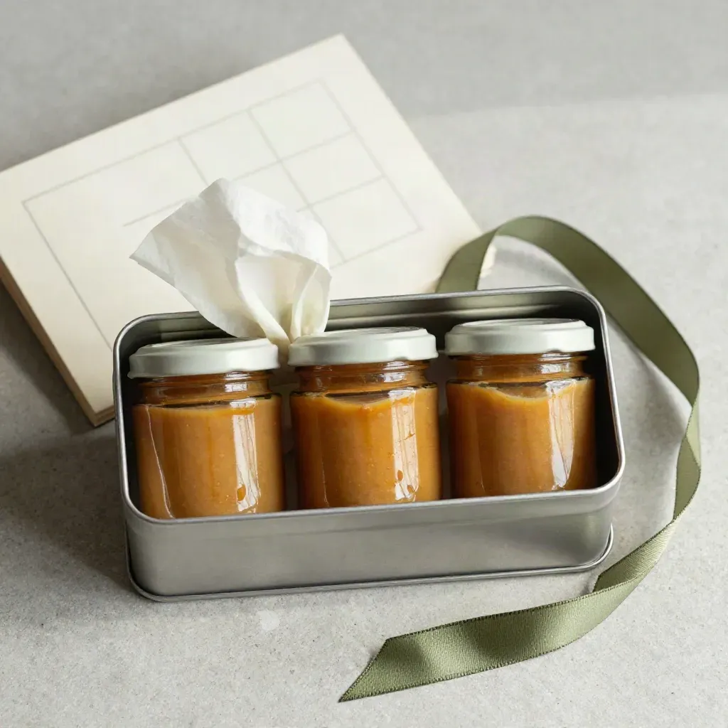 Overhead flatlay of three mustard jars in an open gift tin with tissue and a green ribbon on pale stone.